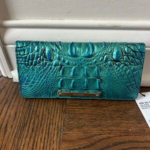 Brahmin Melbourne ADY Slim Bifold Leather Wallet PEACOCK Teal Blue Green NWT